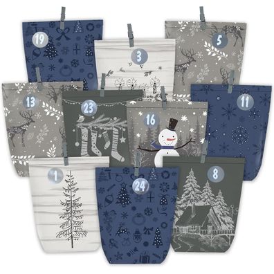 Adventskalender 24 Weihnachtskalender Papiertüten Kraftpapier Blau Grau Grün