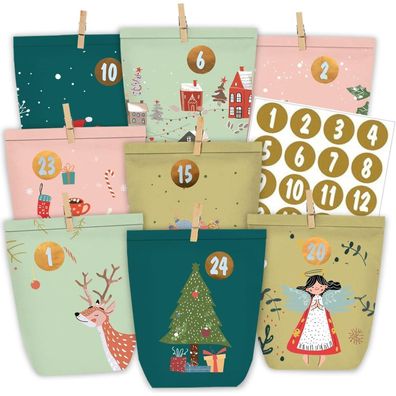 Adventskalender Bastelset Papiertüten 24 bunt grün Aufkleber 1-24 DIY