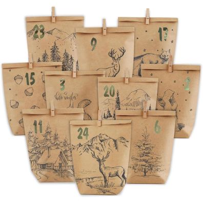 Adventskalender Set, 24 Kraftpapier Weihnachtstüten Selbstbefüllung