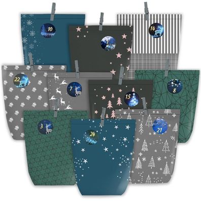 Adventskalender zum Befüllen 24 Papier Tüten Weihnachten Blau mit