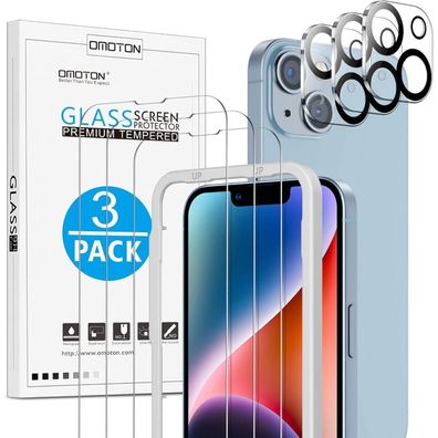 Panzer Schutzglas für iPhone 14 + Kamerafolie, 9H Härte, 3 + 3 Stück