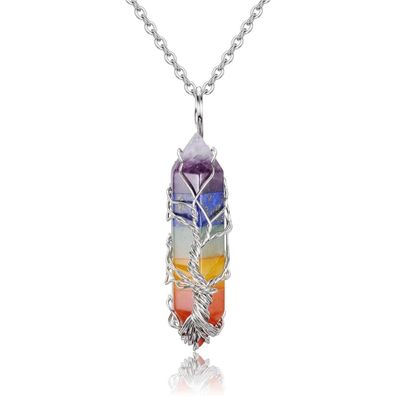 7 Chakra Heilstein Halskette mit Lebensbaum Anhänger - Silber