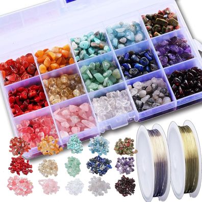 Naturstein Perlen Set 15 Farben DIY Schmuck Basteln Halbedelsteine mit Loch