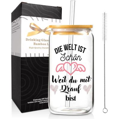 500ml Glas Trinkbecher mit Deckel und Strohhalm, Geschenk für