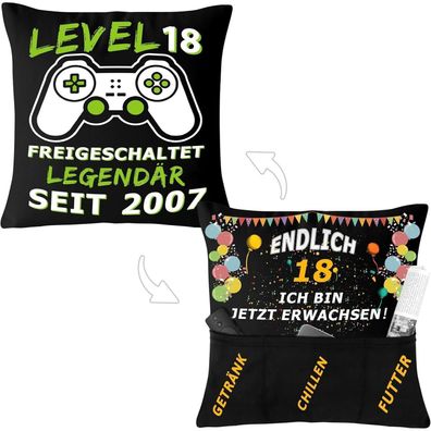 Gaming Deko Kissen 18 Geburtstag Junge Geschenk Lustig 45x45cm Schwarz