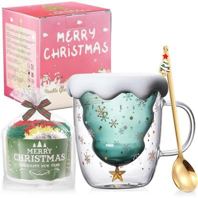 Doppelwandig Weihnachtsbaum Glas Kaffeebecher 300ml Isolierglas Grün