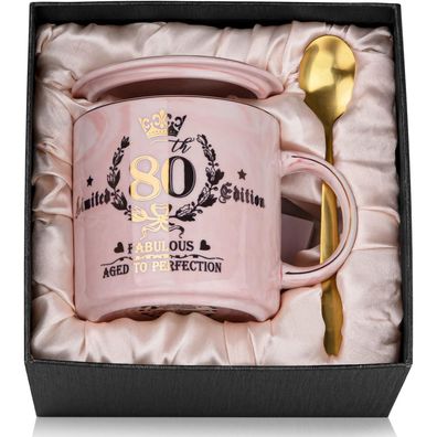 80. Geburtstag Kaffeetasse Goldmuster Geschenkbox Rosa