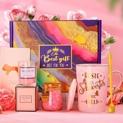 ALBISS Geburtstagsgeschenk Schwester Set 400ml Kaffeetasse Duftkerze Badesalz