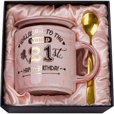 21. Geburtstag Geschenk für Frauen - 400ml Kaffeetasse mit Golddruck in Rosa