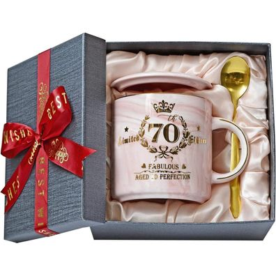 Geschenk 70. Geburtstag Frau Gold 400ml Marmor Keramikbecher Box Rose