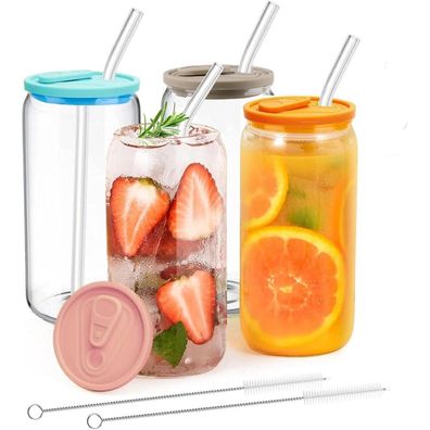 Trinkgläser 500ml 4 Stück mit Deckel und Strohhalm Cocktailglas