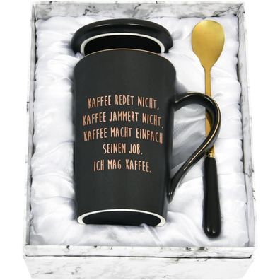 Große Marmor Kaffeetasse 400ml mit Spruch & Geschenkbox - Schwarz