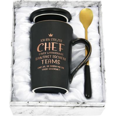 Keramik Kaffeebecher 400ml Schwarz Geschenkbox Chef Team Spruch Gold Löffel
