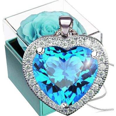Ewige Rose Aquamarin Silber 925 Damen Herz Halskette Kristall?/ Weiß halten Blau
