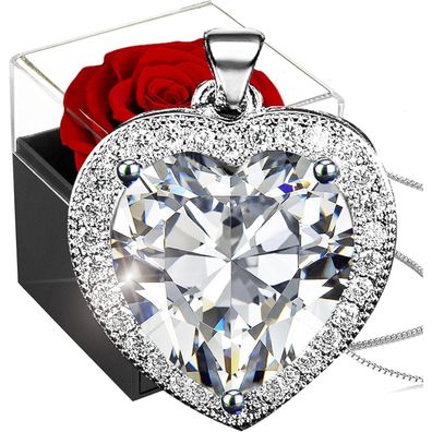 Ewige Rote Rose Echte Rose Silber 925 Damen Halskette Herz Anhänger Geburtsstein