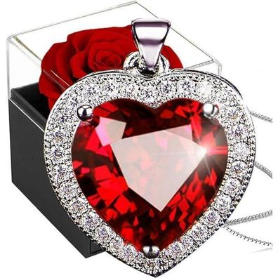 Ewige Rose 925 Silber Kette Rubin Herz Halskette Geschenkbox Kristall Birthstone