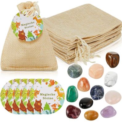 Kinder Glückssteine Set Jutesäckchen Waldtiere Etiketten 12 Stück