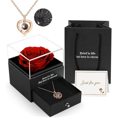 ADAZ Ewige echte Rose mit I Love You Halskette in Geschenkbox