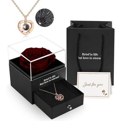 ADAZ Ewige echte Rose I Love You Halskette Weinrot Box
