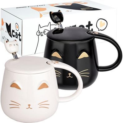2er-Pack süße Katzenbecher, Kaffeetasse-Set mit Deckel und Löffel 450ML