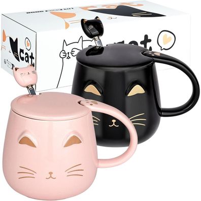 2er-Pack süße Katze Kaffeetasse Set mit Deckel und Löffel 450ML Schwarz Rosa
