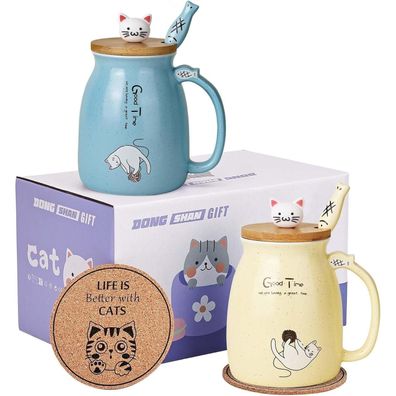 Niedliche Katze Becher 2er Set Keramik 500ml Teetasse Kaffeebecher Kawaii-Deckel