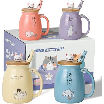 4er Set süße Katzenbecher Keramik Tasse 450ML mit Bambusdeckel & Löffel