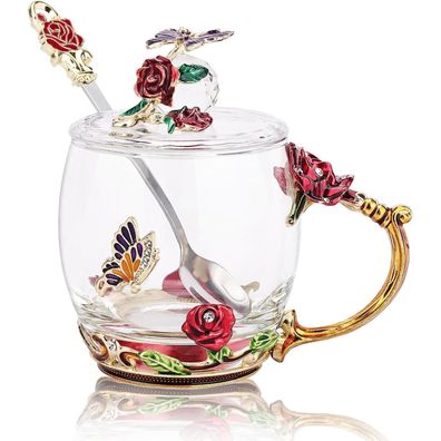 Emaille Blume Schmetterling Tee Tasse Set Löffel Deckel Glas Kaffeebecher