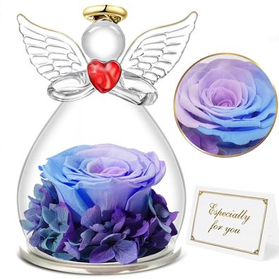 Engel Ewige Rose Figur Geschenk für Frauen in Glaskuppel Blauviolett
