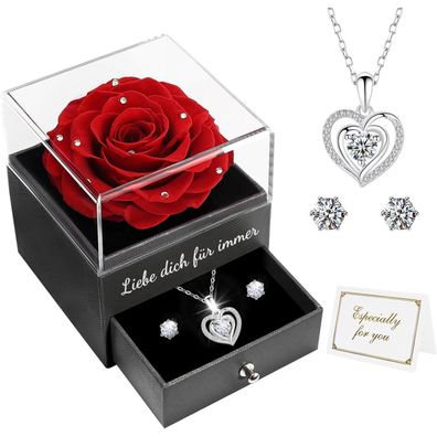 Ewige Rose Geschenkbox Kristallrot 925 Silber Halskette Ohrringe