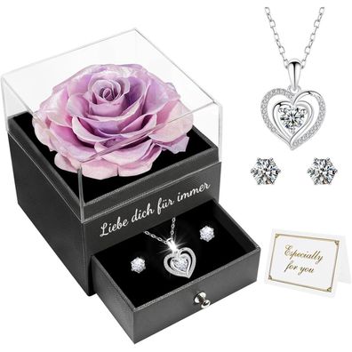 Ewige Rose Geschenkbox 925 Silber Halskette Ohrringe Muttertag Valentinstag