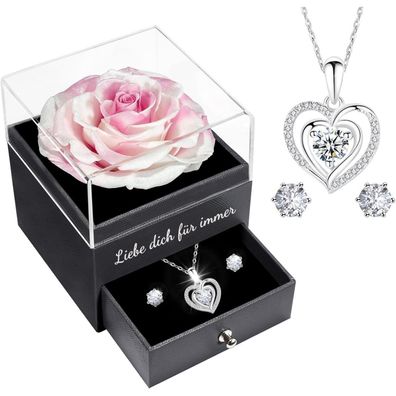 Ewige Rose Geschenkbox 925 Silber Halskette Ohrringe Set White Pink