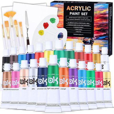 Aottom 33-teiliges Acrylfarben-Set mit 24 Farben, Pinseln, Leinwänden, Palette