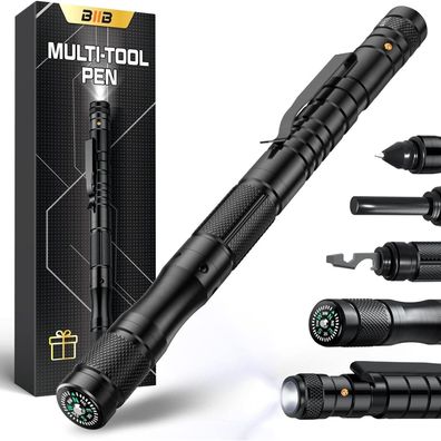 Taktischer Stift Multitool Pen mit Kompass LED-Licht Schwarz