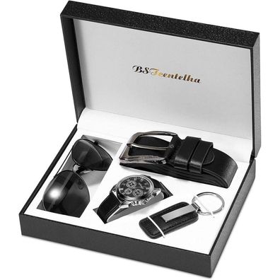 Herren-Armbanduhr Kunstleder Quarz analog Gürtel Schlüsselanhänger Sonnenbrille
