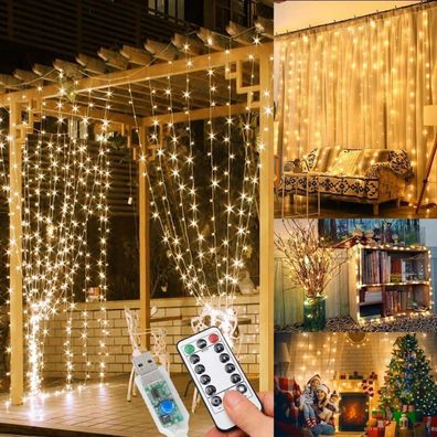 WEARXI LED Lichterkette 300 LED 3×3m Vorhang Innen Außen 8 Modi