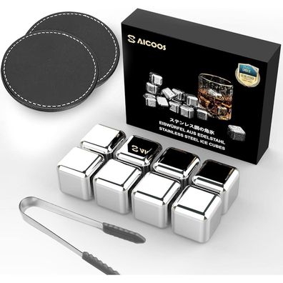 8er Set Edelstahl Whisky Steine Eiswürfel Wiederverwendbar Silber