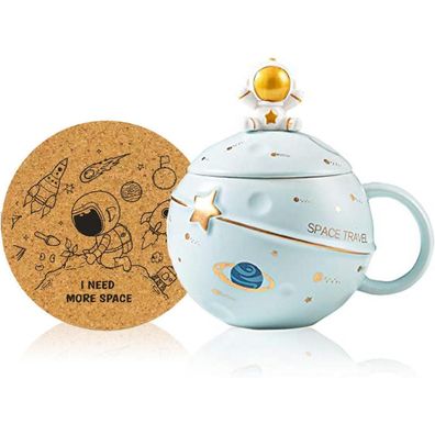 Kawaii Astronaut Planet Tasse Keramik Neuheit Becher Deckel Löffel Blau