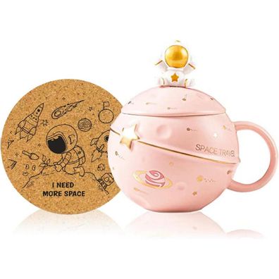 Kawaii Astronaut Tasse mit Weltraum Prägung und Deckel | Süße Kaffeetasse aus