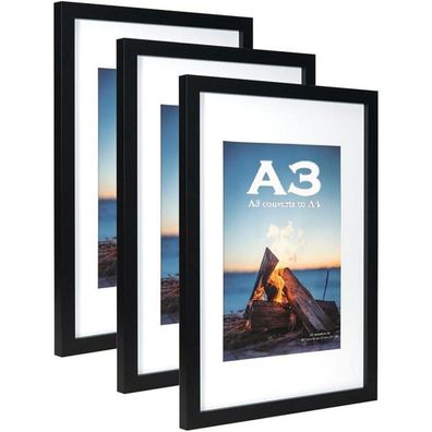 Holz Bilderrahmen A3 Passepartout für A4 Schwarz 3er Pack