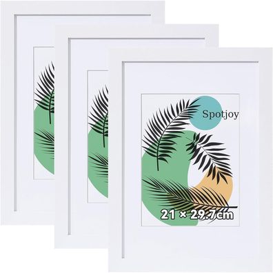 3er Set Fotorahmen DIN A4 mit Passepartout Holzrahmen Weiß Acrylglas