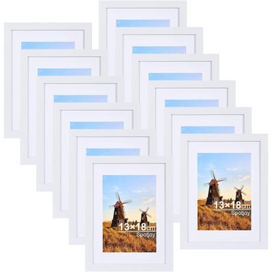 Spotjoy Bilderrahmen 13x18 cm 12er Set Weiß Holzrahmen mit Passepartout