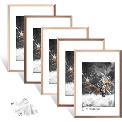 5er Set Gold Fotorahmen Plexi-Glas DIN A4 Bilderrahmen nahtloser Haken