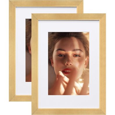 Gold Aluminum Picture Frame Set 2 Pack with Mats & Plexiglass