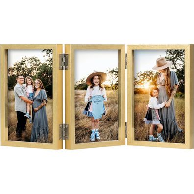 Bilderrahmen 3 Fotos 10x15 cm Holz Fotorahmen Glasfront Gold 10x15