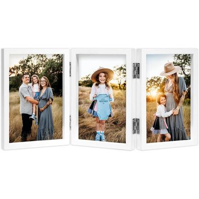 Fotorahmen 3 Fotos 10x15 cm Aufklappbar Holz Glasfront Weiß 10x15