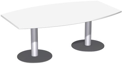 Konferenztisch Tellerfuß, Faßform, feste Höhe, 2000x800-1200x720, WeiÃŸ