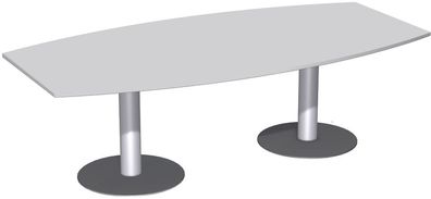 Konferenztisch Tellerfuß, Faßform, feste Höhe, 2400x800-1200x720, Lichtgrau