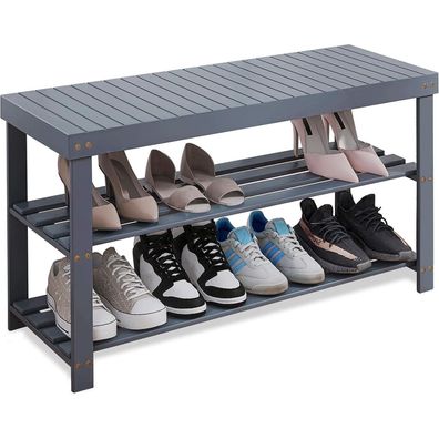 Schuhbank Bambus Schuhregal mit Sitzbank Grau 86 x 28.5 x 45.5 cm