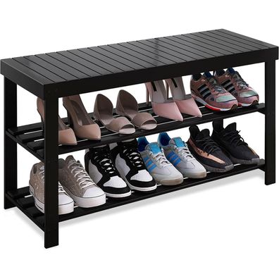 Schuhbank Schuhregal Bambus Sitzbank 3 Ablagen Standregal Flur Bad Schwarz 86 x